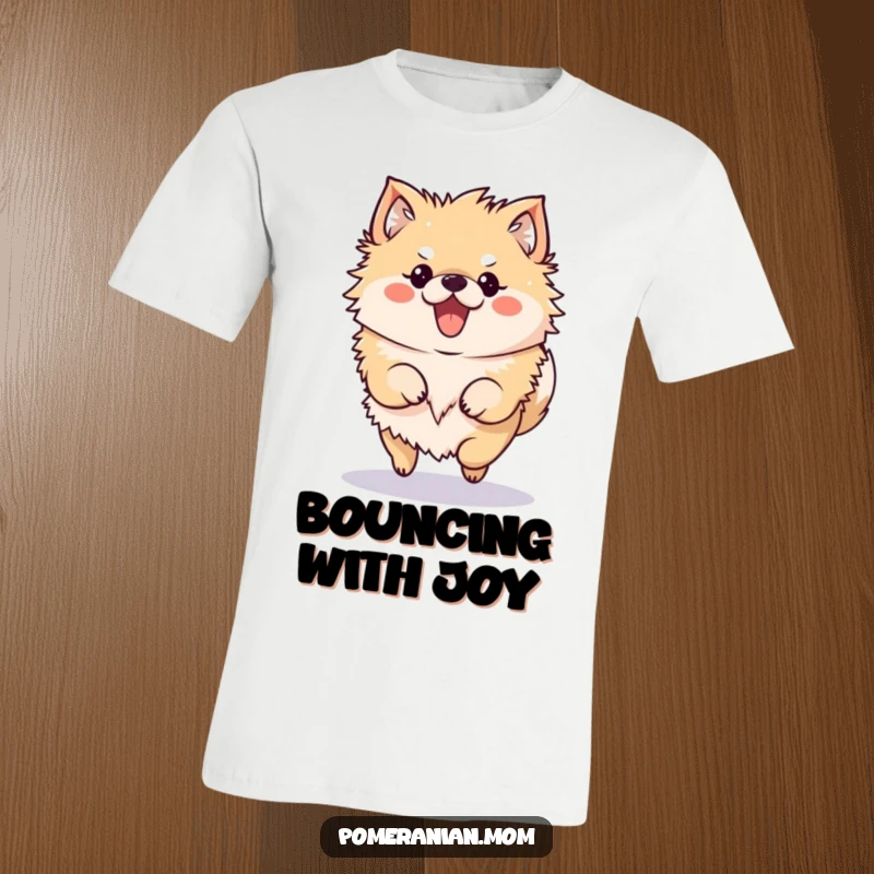 Funny Pomeranian T-Shirt with a kawaii Pomeranian character doing a cute and bouncy hop.
