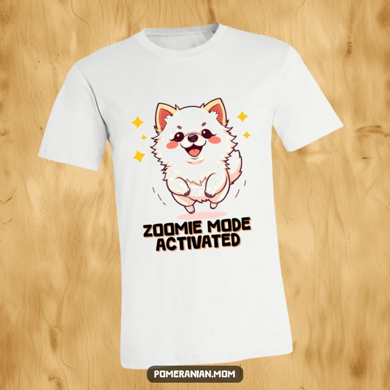 Funny kawaii Pomeranian performing energetic zoomies t-shirt, capturing pure doggy excitement and happiness, a fun gift.