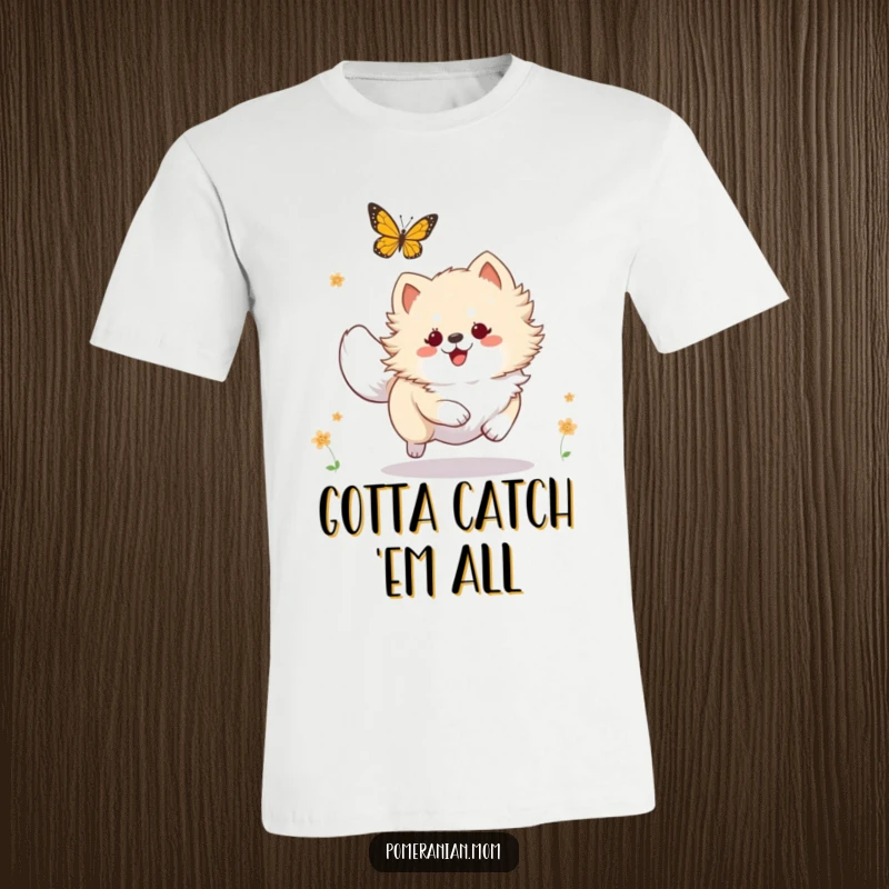 Funny Pomeranian t-shirt, a cute kawaii dog leaping joyfully after a butterfly in a whimsical chase.