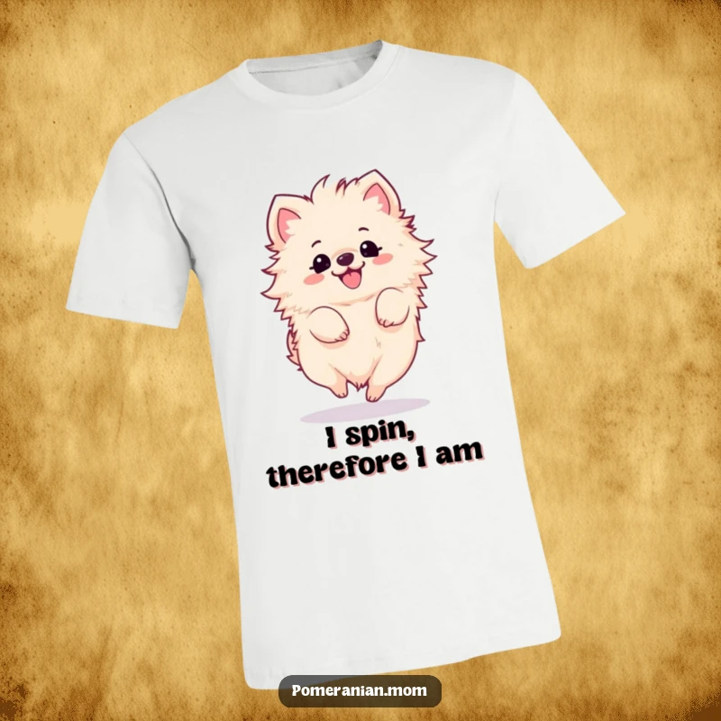 Funny Kawaii Pomeranian T-Shirt: A delightful fluffy dog captured mid-spin, conveying extreme happiness and cuteness.