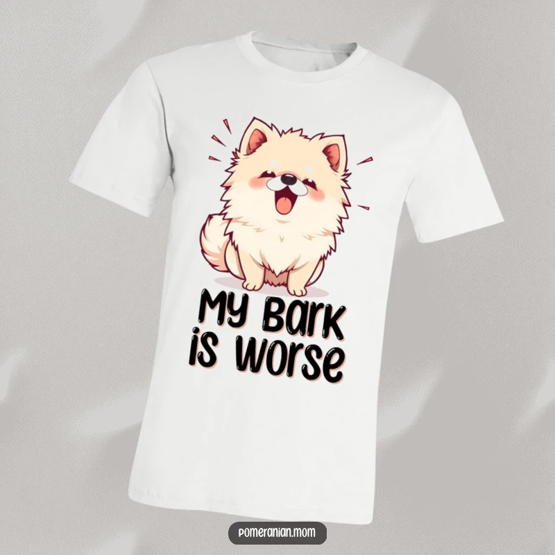 Funny Kawaii Pomeranian T-Shirt: A cute dog barking enthusiastically, with small sound effect lines showing its vocalization.
