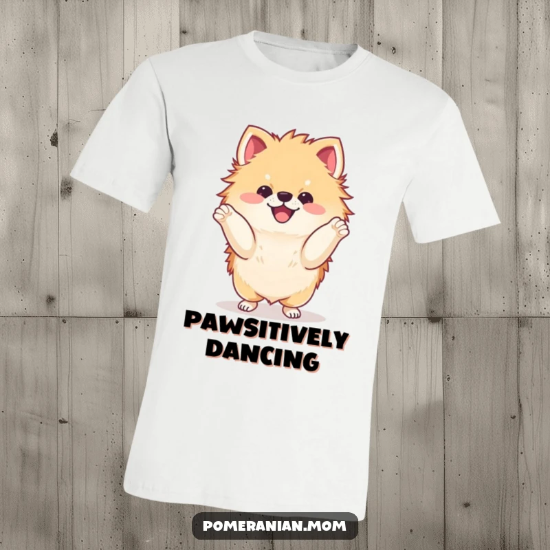 Funny kawaii Pomeranian doing a delighted dance with its paws t-shirt, capturing pure doggy happiness and playful energy, a fun gift.