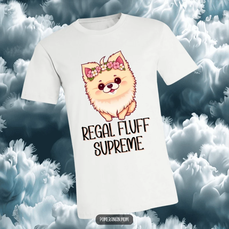 Funny Kawaii Pomeranian sporting a miniature flower crown with a cute perky tilt, looking undeniably adorable.