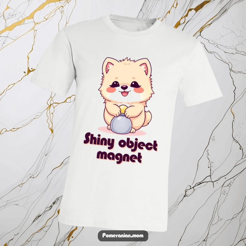 Funny Pomeranian t-shirt depicting a happy dog balancing a small shiny object, showcasing impressive skill and playful focus.