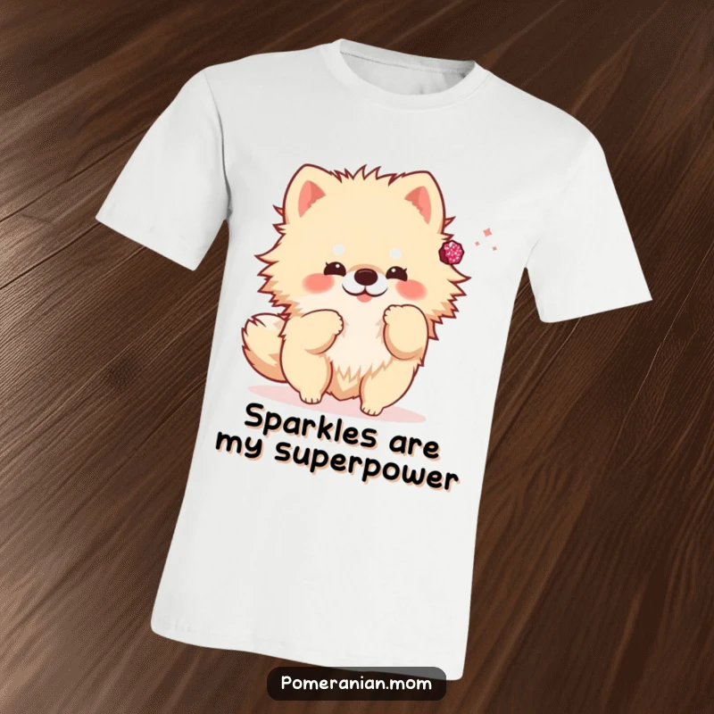 Funny kawaii Pomeranian t-shirt, a cute dog playfully tossing a sparkly accessory. Fashionable and fun for pet lovers.