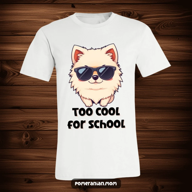 Funny kawaii Pomeranian wearing tiny sunglasses and winking t-shirt, exuding cool vibes and playful charm, a great gift.