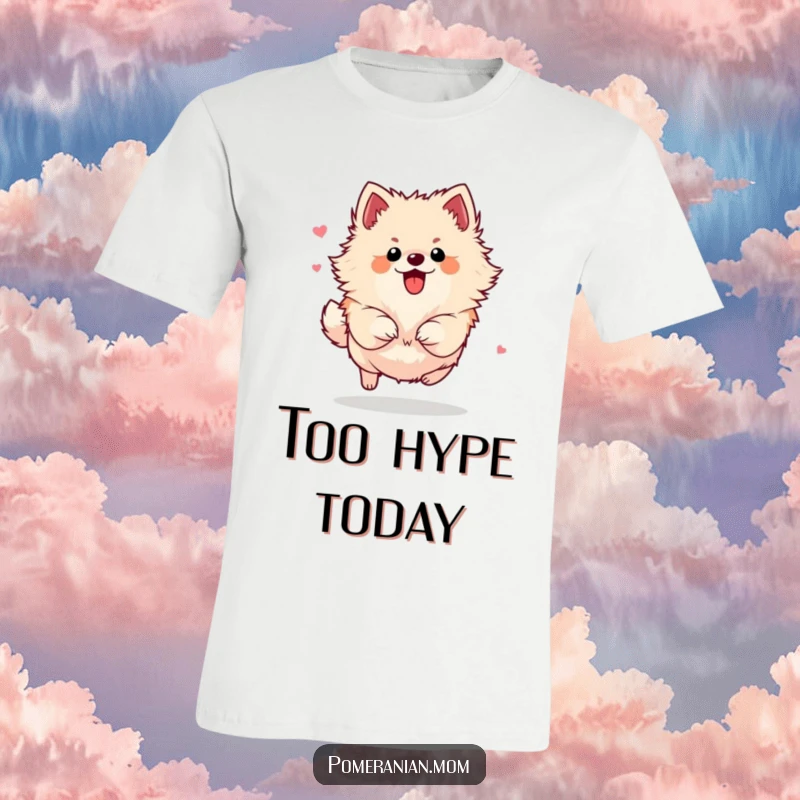 Funny Pomeranian T-shirt featuring a small dog bounding joyfully with energetic leaps and stylish flair, full of life and motion.