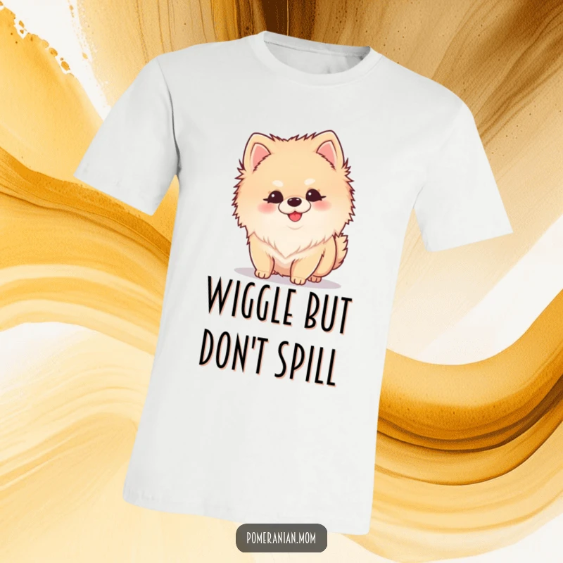 Funny Kawaii Pomeranian t-shirt illustrating a small dog curiously sniffing with a happy tail wiggle, perfect for dog lovers.