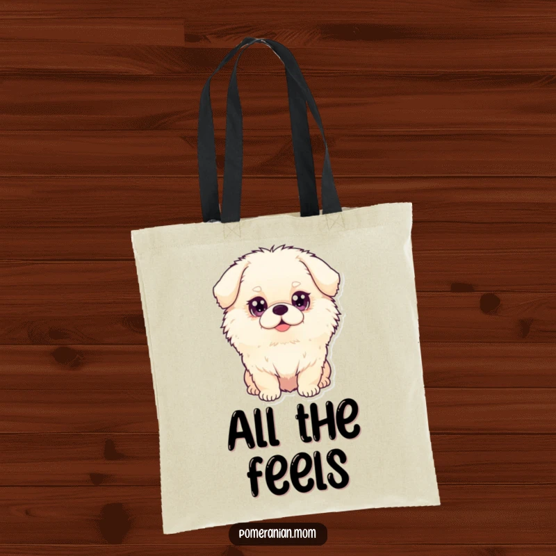 Funny dog tote bag with a fluffy dog and big, sparkling eyes, perfect for carrying items with adorable flair.