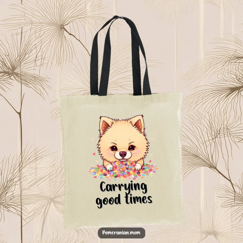 Funny Pomeranian tote bag designed with a pup joyfully submerging its nose into a delightful, vibrant heap of confetti.