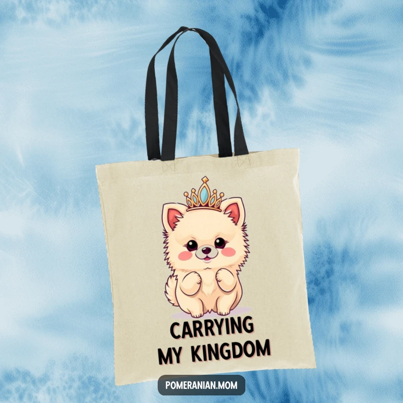 Funny tote bag featuring a kawaii Pomeranian queen wearing a tiny tiara and striking a fabulous diva pose, ready for errands.
