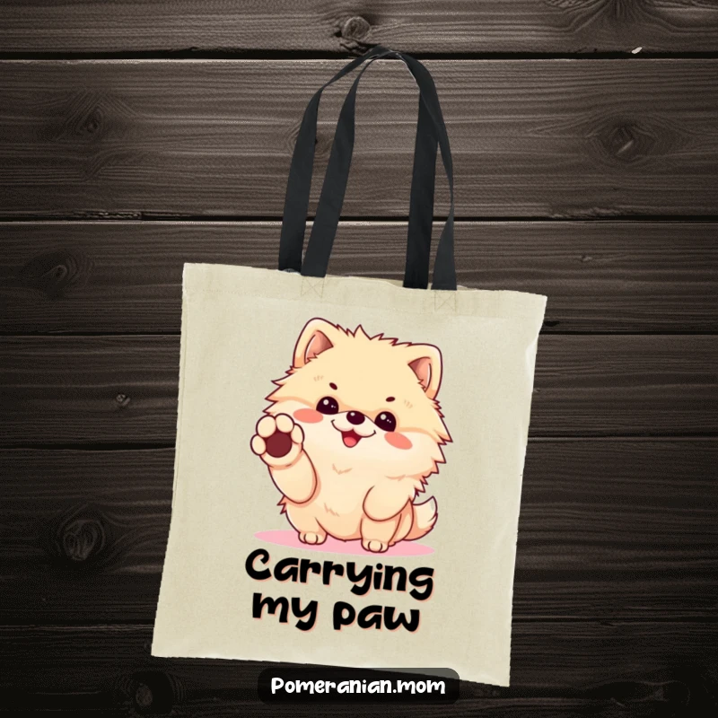 Funny Kawaii Pomeranian Tote Bag: Cute dog offering a paw for a handshake, a humorous and friendly accessory for daily life.