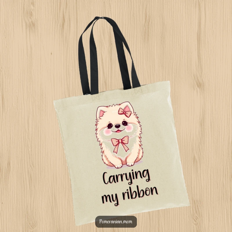 Funny Kawaii Pomeranian Tote Bag: A fluffy dog wearing a tiny, sparkling ribbon, perfect for carrying essentials with style.