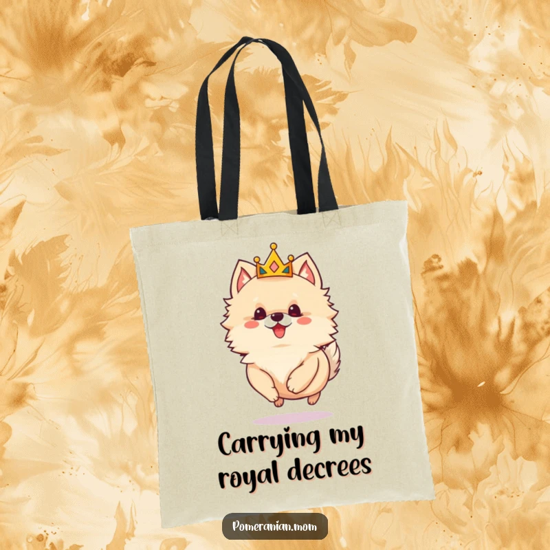 Funny Pomeranian tote bag showcasing a small dog with a crown, happily skipping, embodying playful royalty and stylish convenience.