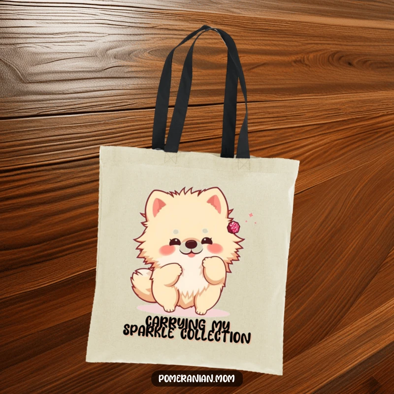 Funny kawaii Pomeranian tote bag, a cute dog carrying essentials while playfully tossing a sparkly accessory. Stylish and fun.