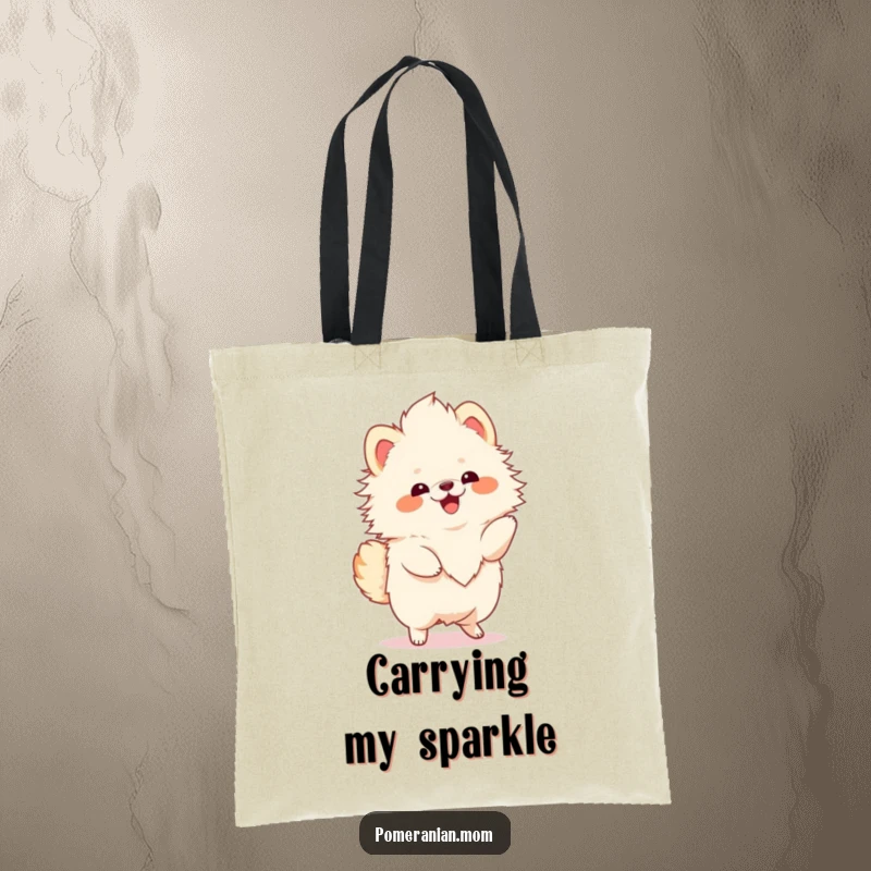 Funny Kawaii Pomeranian tote bag, showing a fluffy dog joyfully twirling, practical and cute for daily use.