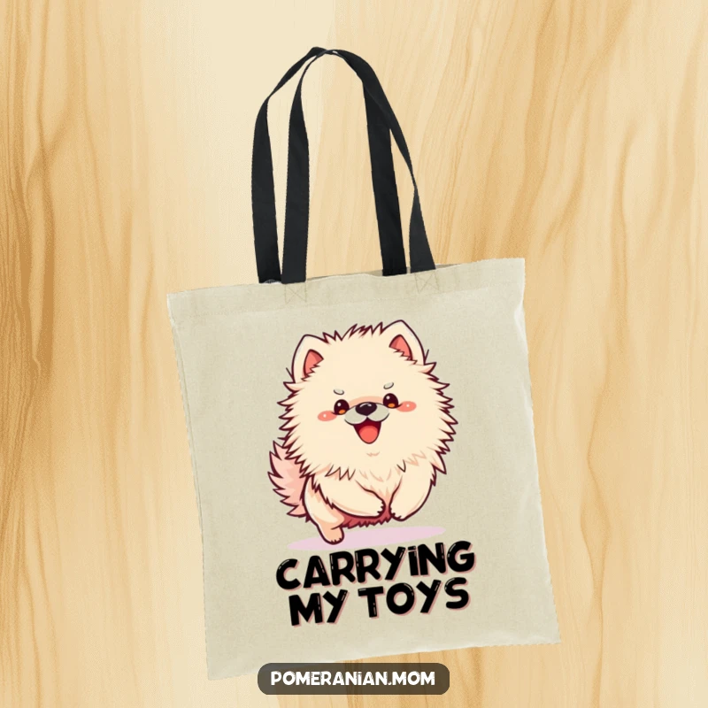 Funny Kawaii Pomeranian tote bag with a small dog in an excited bounce, ready for playtime adventures.