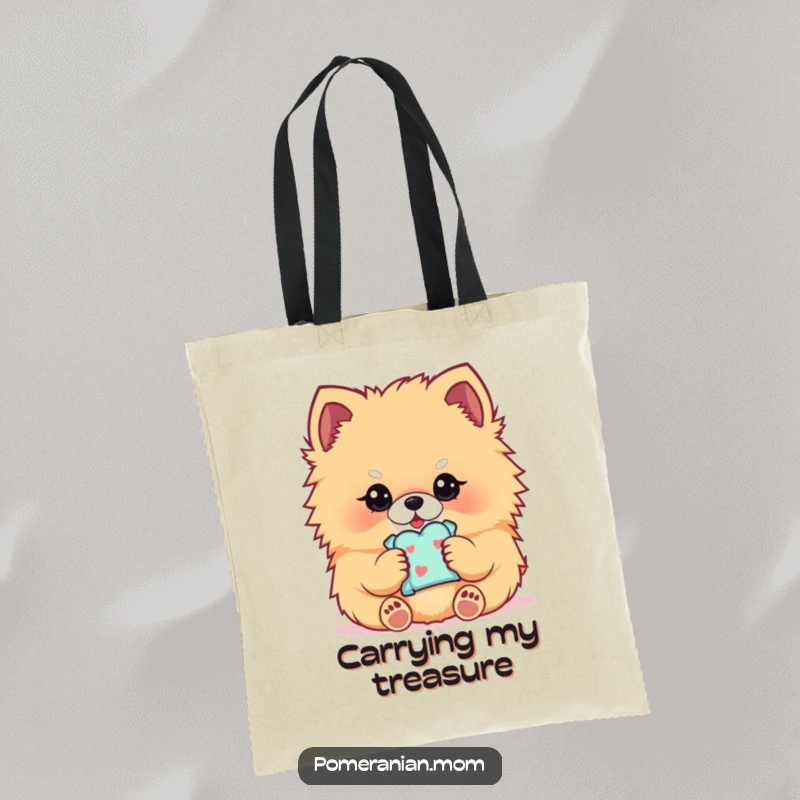Funny Kawaii Pomeranian tote bag, showing a fluffy dog gently holding a treat, cute and practical.