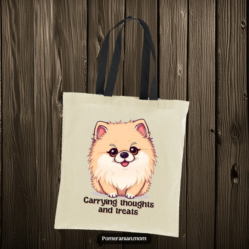 Funny kawaii Pomeranian tote bag, a stylish bag featuring a cute dog with a curious head tilt. Perfect for errands.