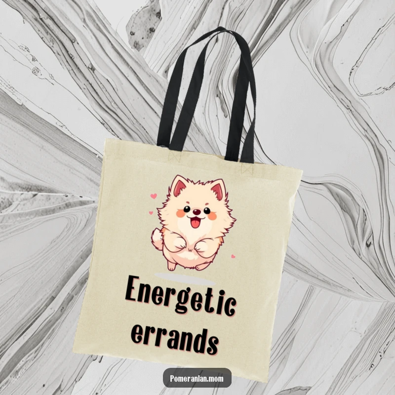 Funny Pomeranian tote bag illustrating a small dog bounding with immense energy and captivating flair, symbolizing active living.