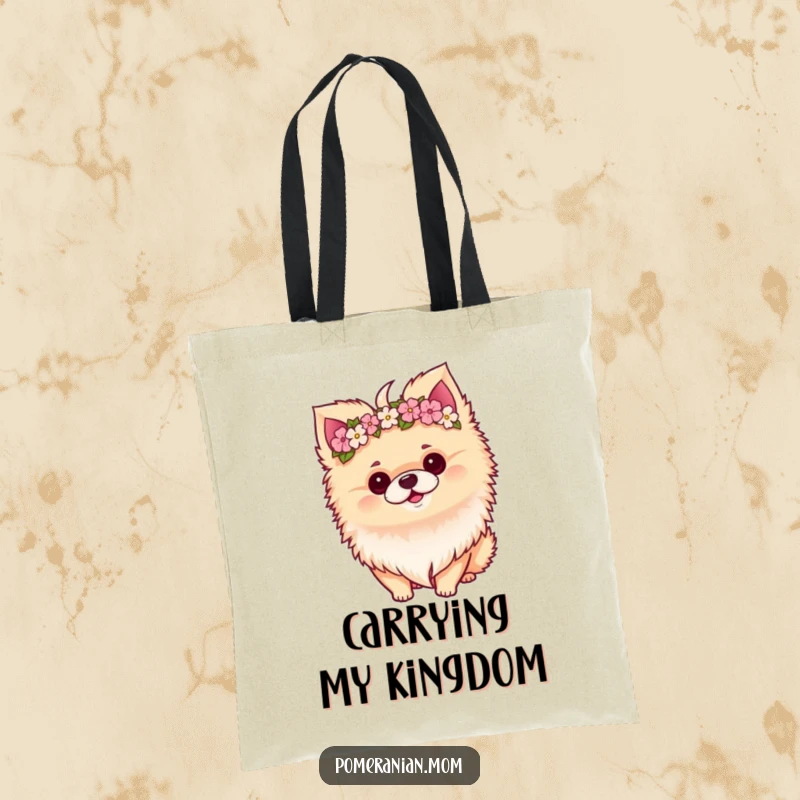 Funny Kawaii Pomeranian with a flower crown and a charming tilt, perfect for carrying daily items in style.