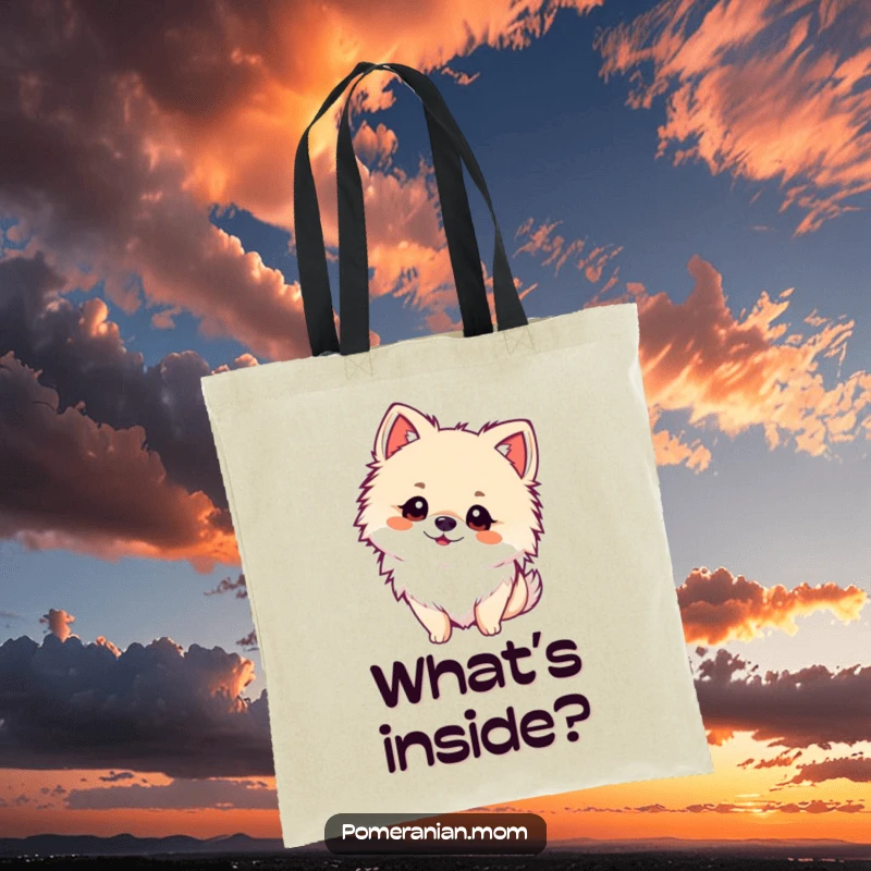 Funny kawaii Pomeranian tote bag, illustrating a fluffy dog tilting its head with curious eyes. Great for thoughtful dog owners.