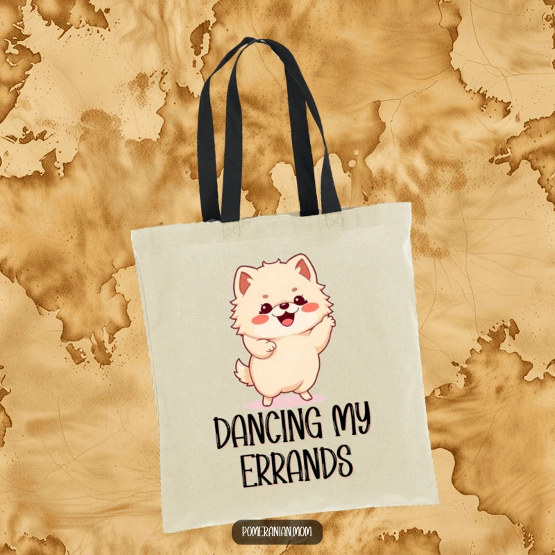 Funny Kawaii Pomeranian busting out an energetic happy dance with its tiny paws, perfect for carrying your items.