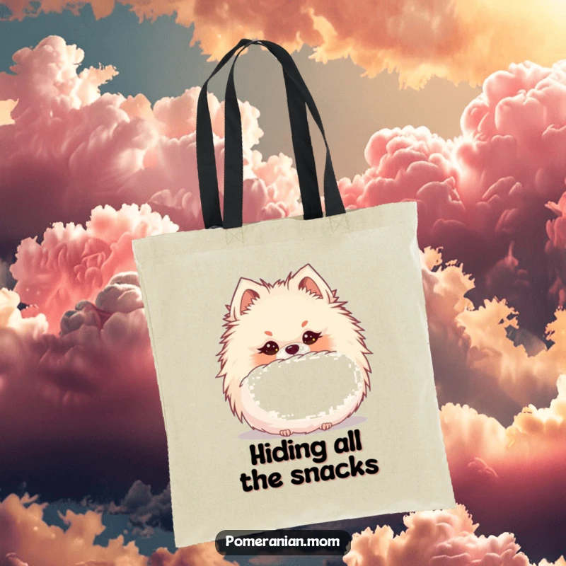 Funny Kawaii Pomeranian with a mischievous glint, hiding behind a giant puffball, perfect for carrying daily treasures.