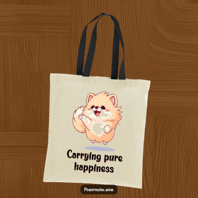 Funny Kawaii Pomeranian leaping with boundless energy and a furiously wagging tail, showcased on a durable tote bag.
