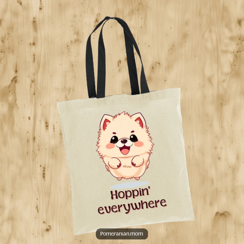 Funny kawaii Pomeranian tote bag, illustrating a fluffy dog joyfully jumping high in the air. Great for dog owners.