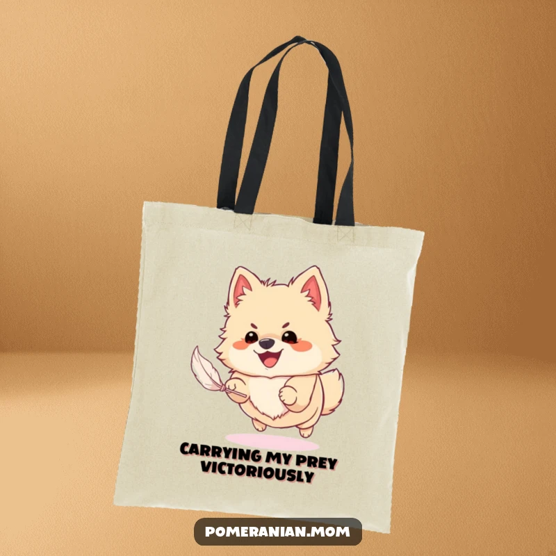 Funny Pomeranian tote bag illustrated with a happy dog enthusiastically chasing a feather, showcasing a delightful moment of playful pursuit.