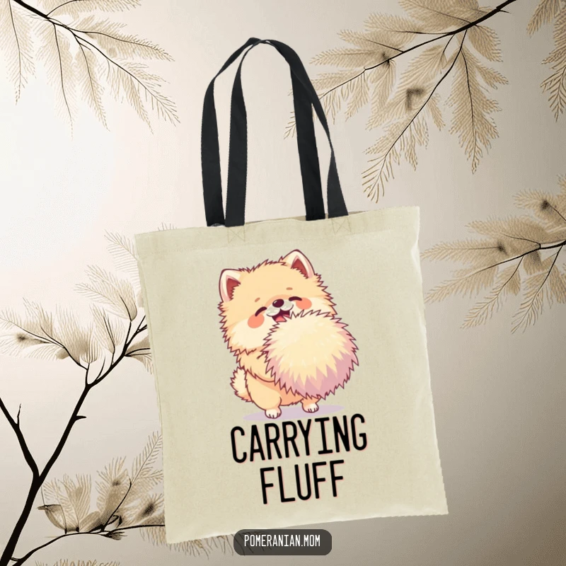Funny Pomeranian tote bag with a joyful dog shaking a very large pom-pom, perfect for carrying items with playful flair.