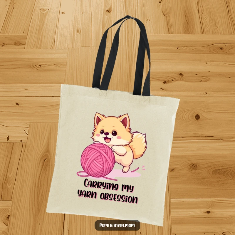 Funny Pomeranian tote bag, a fluffy dog gleefully pursuing an enormous ball of yarn, perfect for errands and gifts.