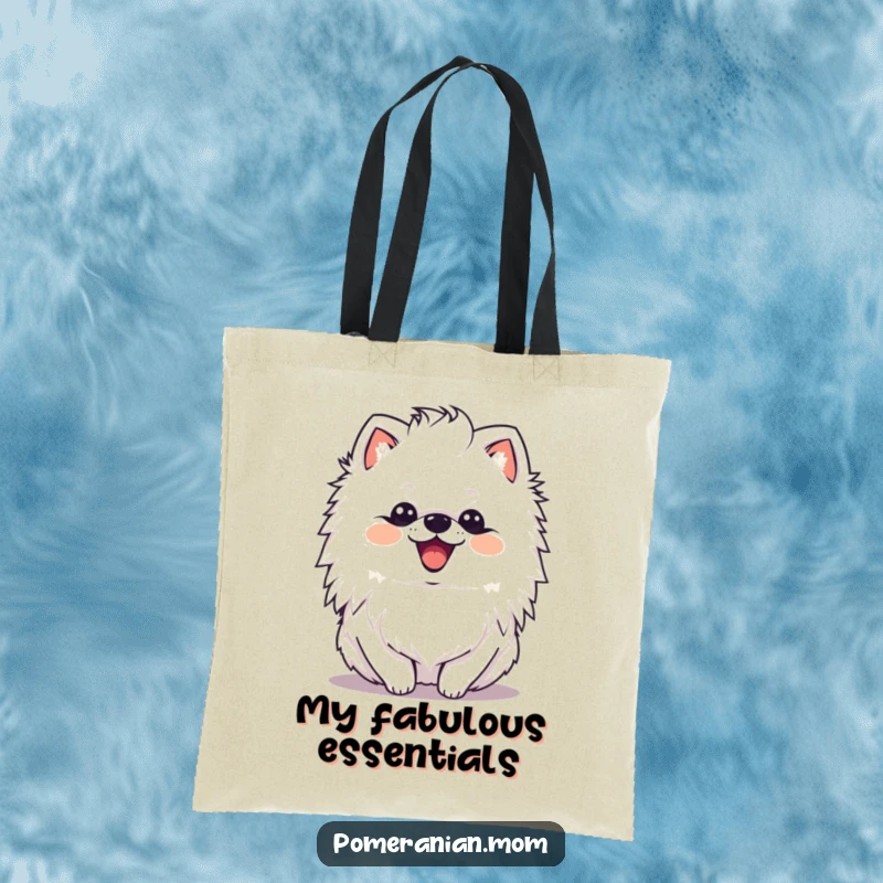Funny kawaii Pomeranian with a delighted expression shaking its mane on this durable tote bag, conveying joy and fabulous energy.