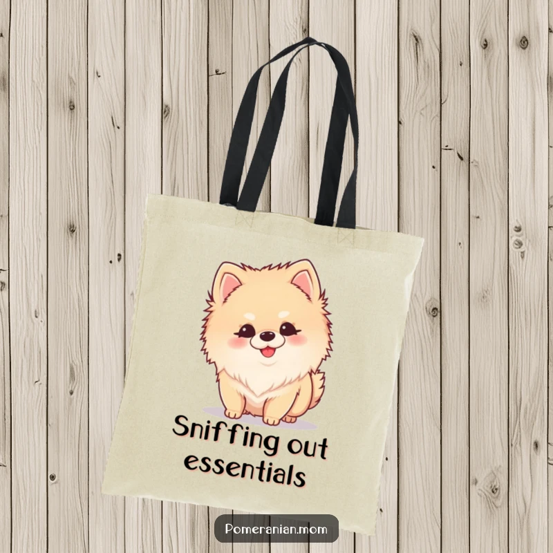 Funny Kawaii Pomeranian tote bag with a small dog curiously sniffing the ground, tail wagging happily.